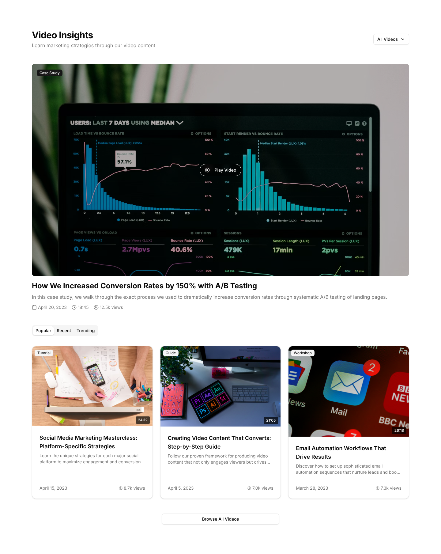 Blog Sections: Video Blog by Shadcn UI Blocks | Stow