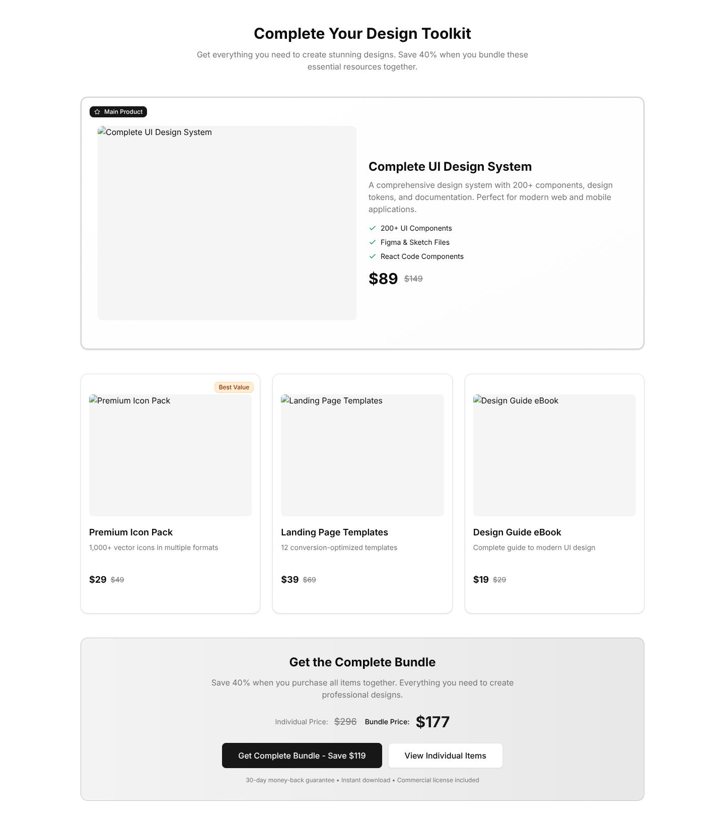 Ecommerce Bundle Upsells: Minimalist Grid by Shadcn UI Blocks | Stow