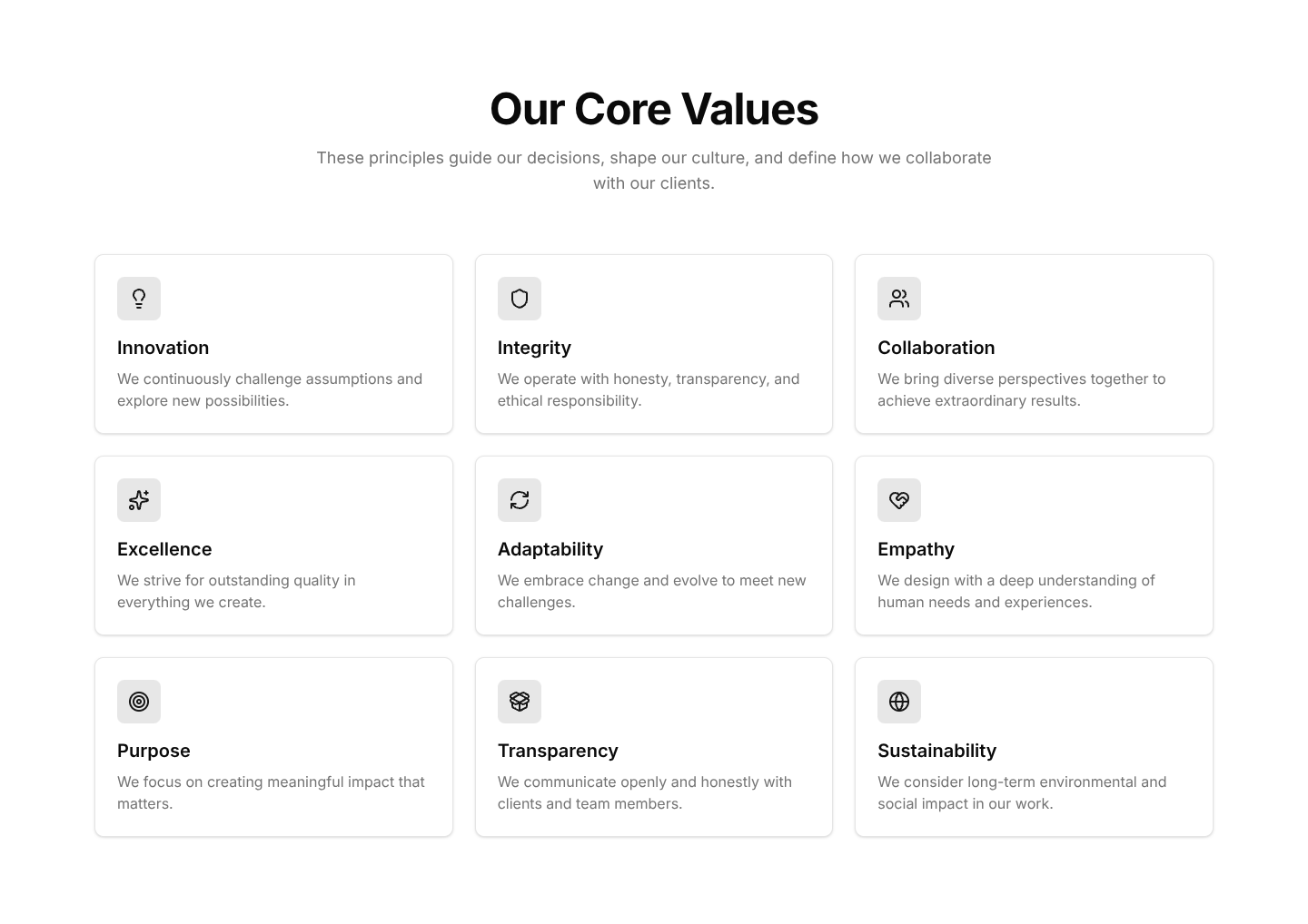 Portfolio Mission And Values: Grid Of Core Values by Shadcn UI Blocks ...