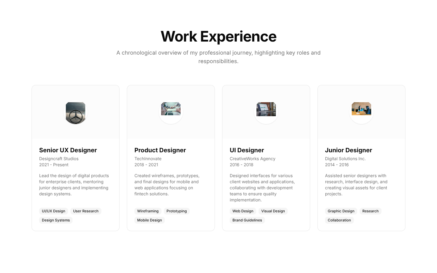 Experience Section In Portfolio Portfolio Work Experience Cards: Logo First Card Layout by Shadcn UI ...